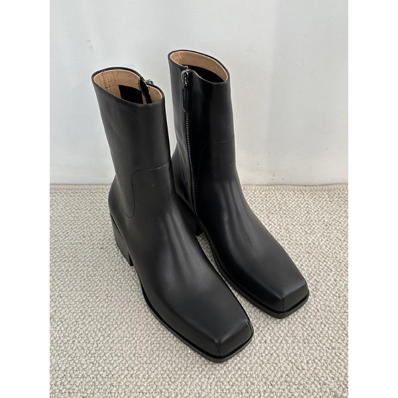 DANDT小眾金敏喜同款靴子秋冬牛皮短靴女方頭中跟粗跟真皮側拉鏈瘦瘦靴(23 DEC TRA) 外銷女鞋