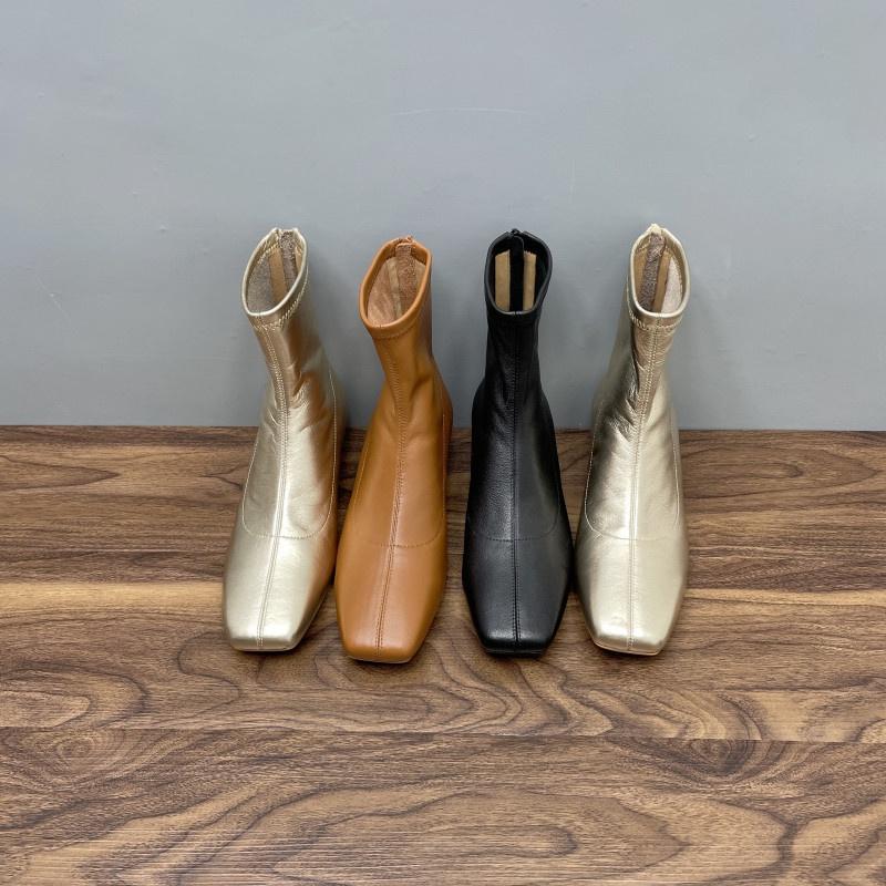 DANDT外貿牛皮瘦瘦靴金色法式復古方頭低跟通勤短靴女加絨保暖靴冬(23 DEC TRA) 外銷女鞋