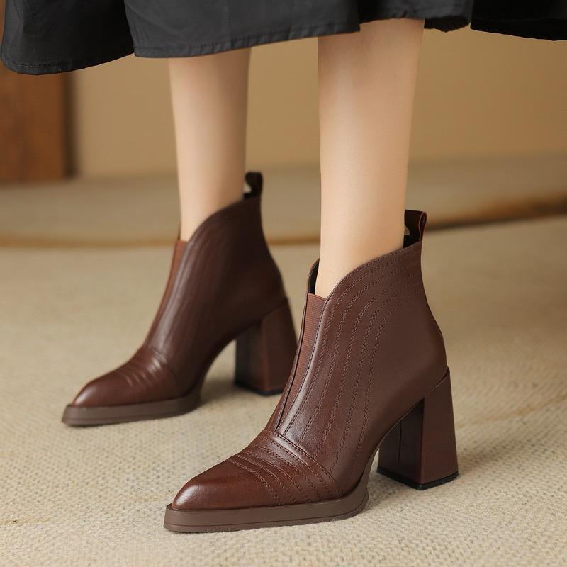 真皮短靴DANDT時尚羊皮法式鬆緊粗跟短靴（23 NOV BSH)同風格請在賣場搜尋-歐美女鞋