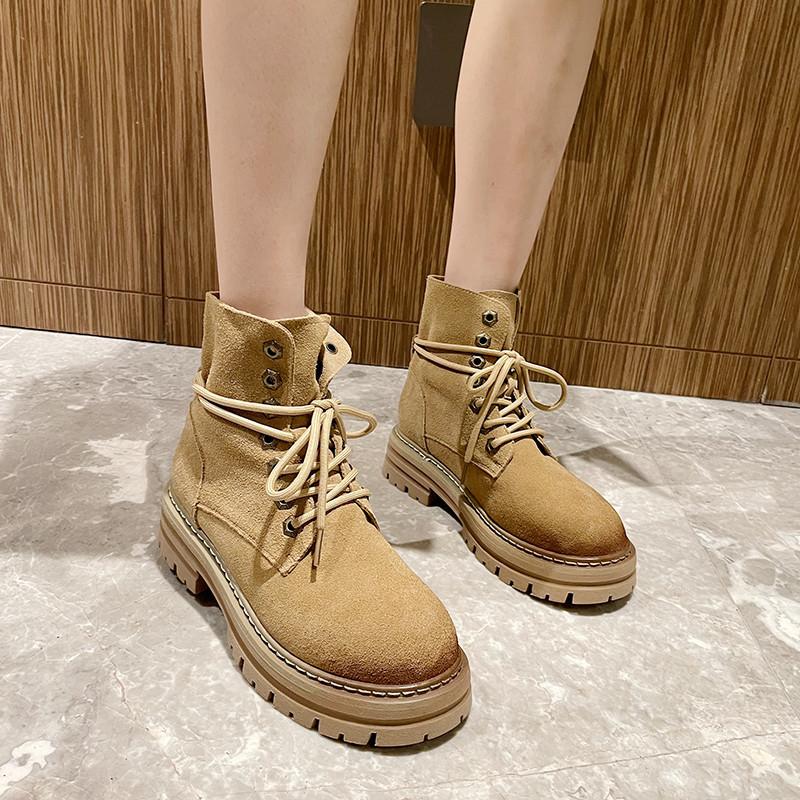 DANDT馬丁靴女2023秋季新款真皮磨砂牛皮兩穿短靴復古登山靴厚底大黃靴(24 FEB TATFM) 歐美女鞋