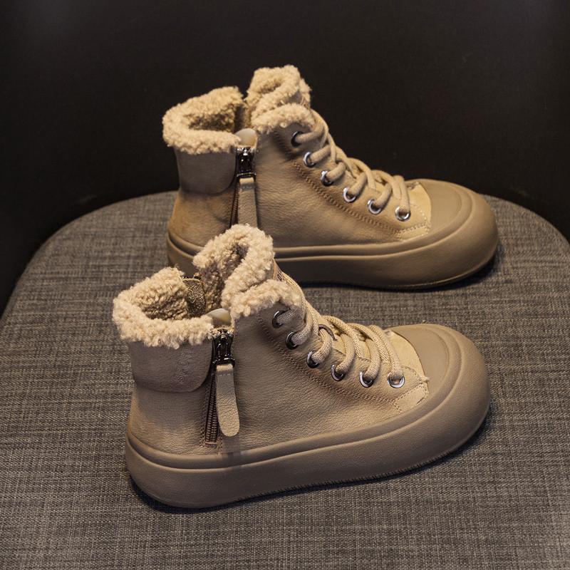 DANDT頭層牛皮羊羔毛雪地靴女2023新款冬季加絨厚底雙拉鏈復古休閑短靴(24 FEB TATFM) 歐美女鞋