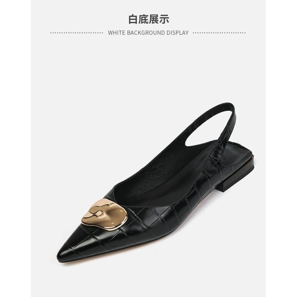 DANDT里外全皮方跟尖頭搭扣后空單鞋壓花牛皮歐韓復古平底包頭涼鞋時尚(24 APR TAI) 歐美女鞋