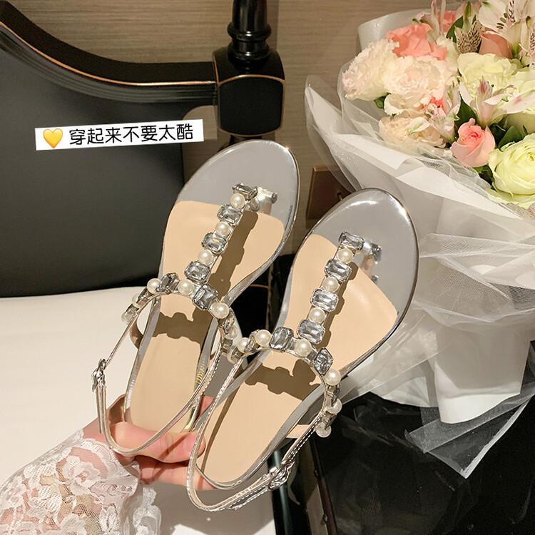 DANDT里外全皮圓頭丁字扣夾趾珍珠水鑽涼鞋牛皮韓版時尚平底鞋仙女風潮(24 APR TAI) 歐美女鞋