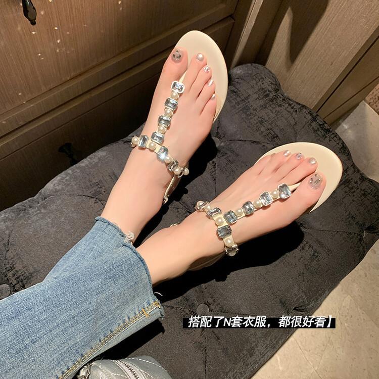 DANDT里外全皮圓頭丁字扣夾趾珍珠水鑽涼鞋牛皮韓版時尚平底鞋仙女風潮(24 APR TAI) 歐美女鞋