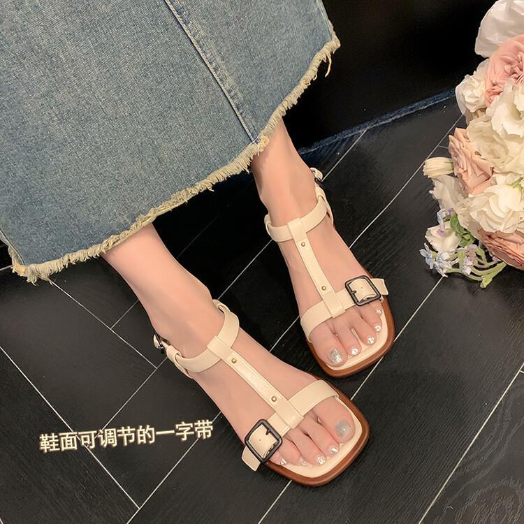 DANDT歐韓女鞋方頭丁字扣一字帶涼鞋牛皮簡約復古平底鞋羅馬鞋學院風潮(24 APR TAI) 歐美女鞋