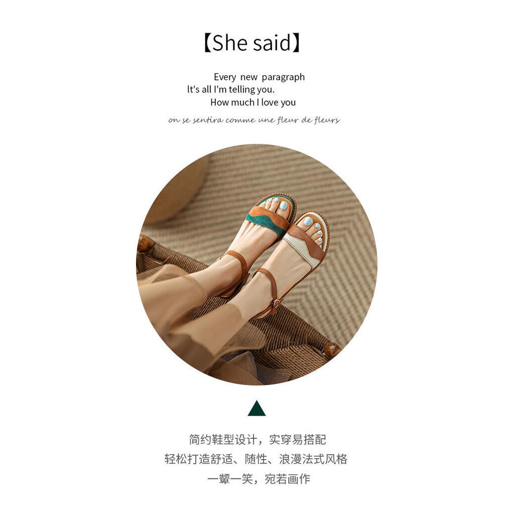 DANDT里外全皮方跟圓頭搭扣拼色一字帶涼鞋頭層牛皮韓版復古平底羅馬鞋(24 APR TAI) 歐美女鞋