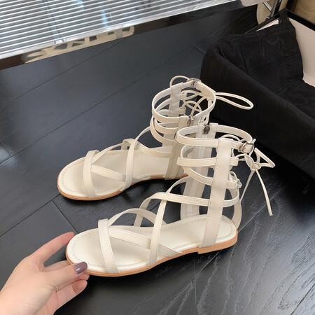 DANDT歐韓女鞋圓頭側拉鏈后系帶涼靴牛皮簡約復古時尚個性平底鞋羅馬鞋(24 APR TAI) 歐美女鞋