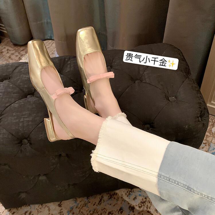DANDT里外全皮方跟方頭蝴蝶結后空單鞋羊皮韓版淑女甜美平底鞋包頭涼鞋(24 APR TAI) 歐美女鞋