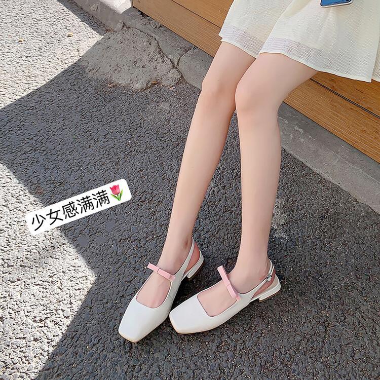 DANDT里外全皮方跟方頭蝴蝶結后空單鞋羊皮韓版淑女甜美平底鞋包頭涼鞋(24 APR TAI) 歐美女鞋