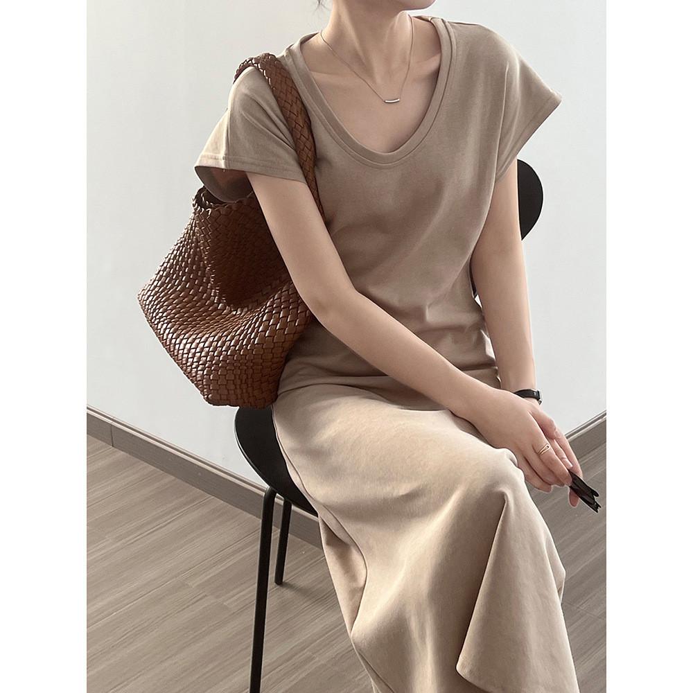 DANDT U領純色短袖T恤連衣裙女2024夏季新款氣質休閑a字中長裙8008(24 APR Ian) 歐美服飾