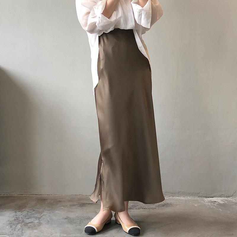 DANDT緞面半身裙女2024春季新款韓版氣質垂感松緊腰中長裙子女5933(24 APR Ian) 歐美服飾