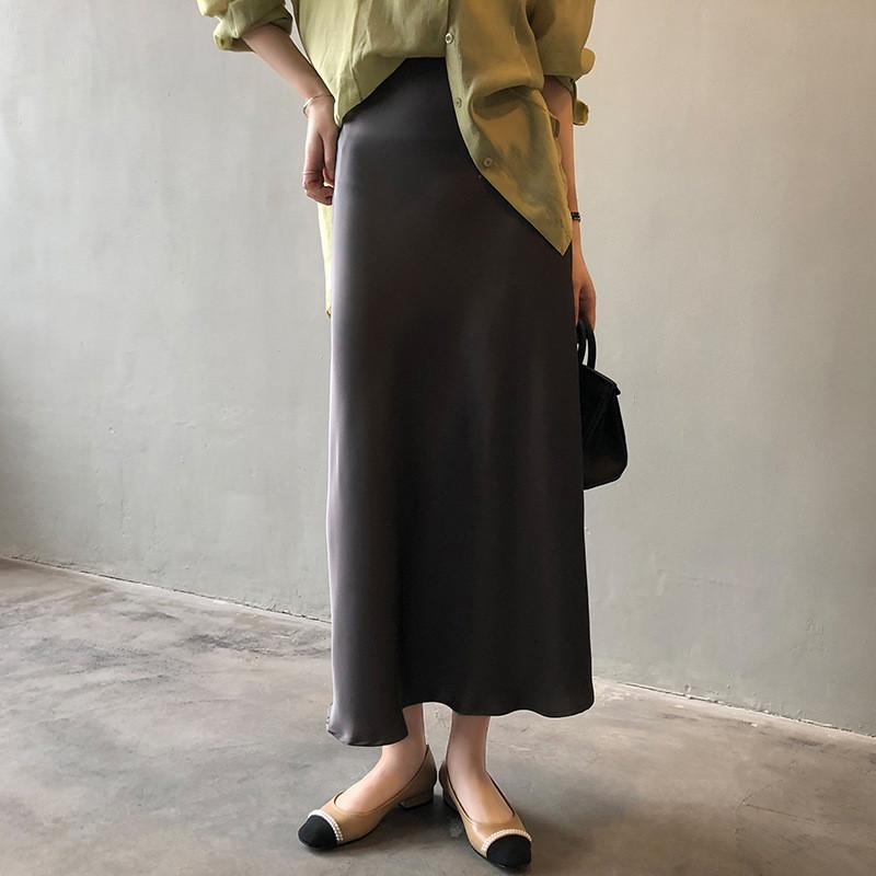 DANDT緞面半身裙女2024春季新款韓版氣質垂感松緊腰中長裙子女5933(24 APR Ian) 歐美服飾