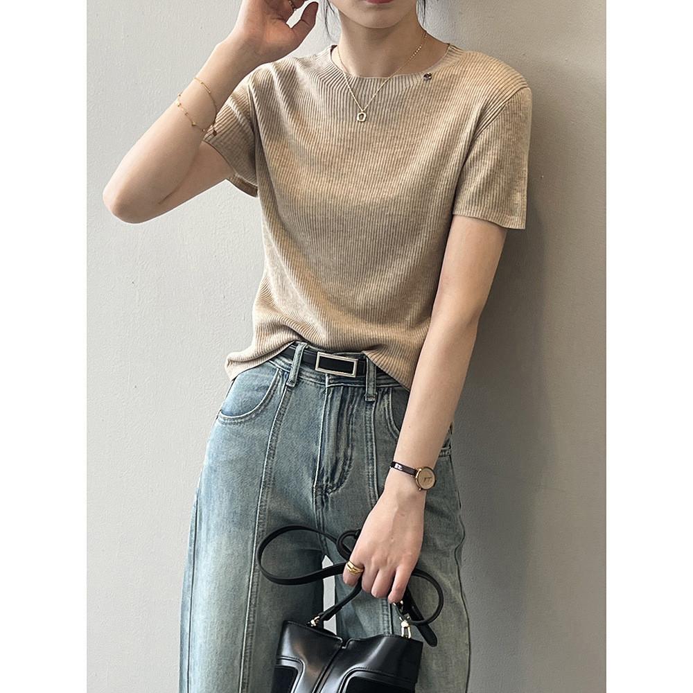 DANDT 短款百搭圓領純色T恤女 2024夏季新款薄款軟糯針織上衣 P351(24 APR Ian) 歐美服飾