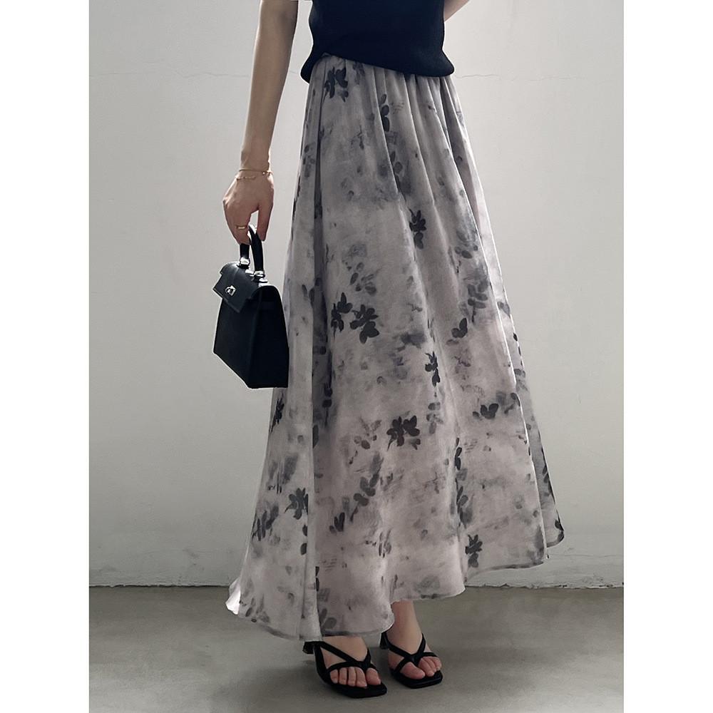 DANDT 復古國風水墨暈染印花半身裙2024夏季新款松緊腰長裙子 9728(24 APR Ian) 歐美服飾