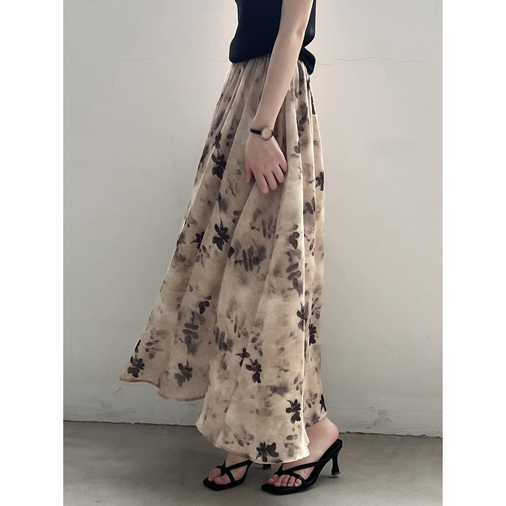 DANDT 復古國風水墨暈染印花半身裙2024夏季新款松緊腰長裙子 9728(24 APR Ian) 歐美服飾
