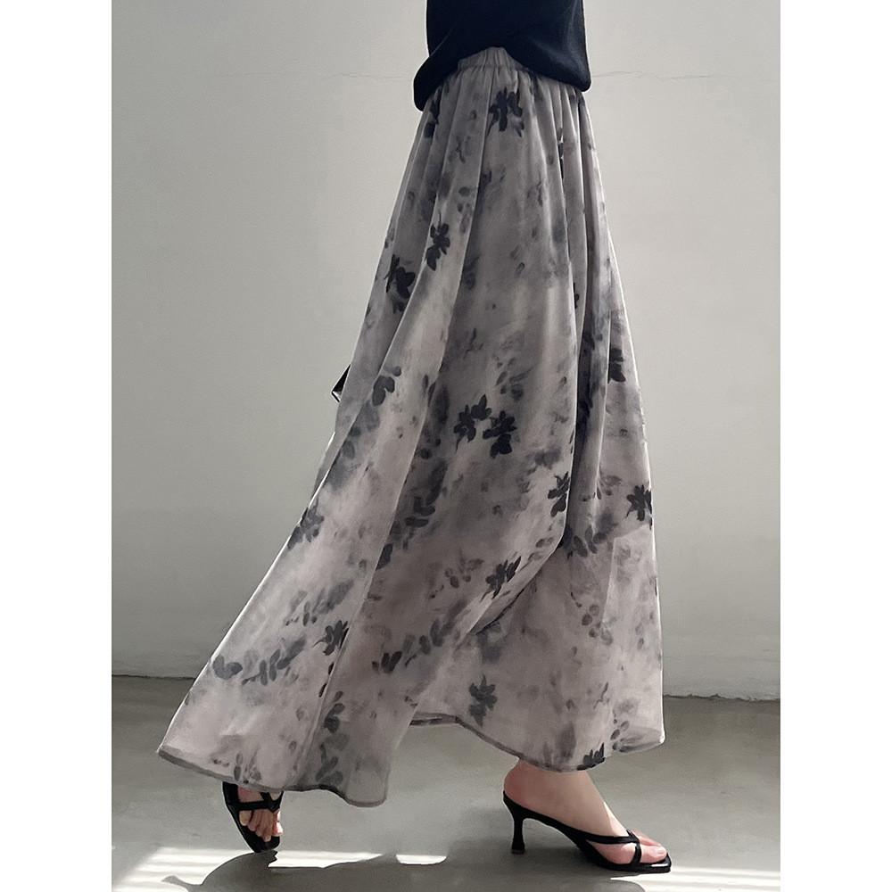 DANDT 復古國風水墨暈染印花半身裙2024夏季新款松緊腰長裙子 9728(24 APR Ian) 歐美服飾
