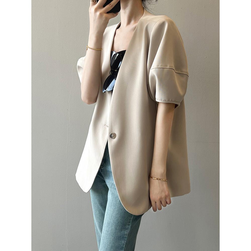 DANDT 韓版泡泡袖短袖西裝外套女2024春夏薄款休閑半袖西服80952(24 APR Ian) 歐美服飾