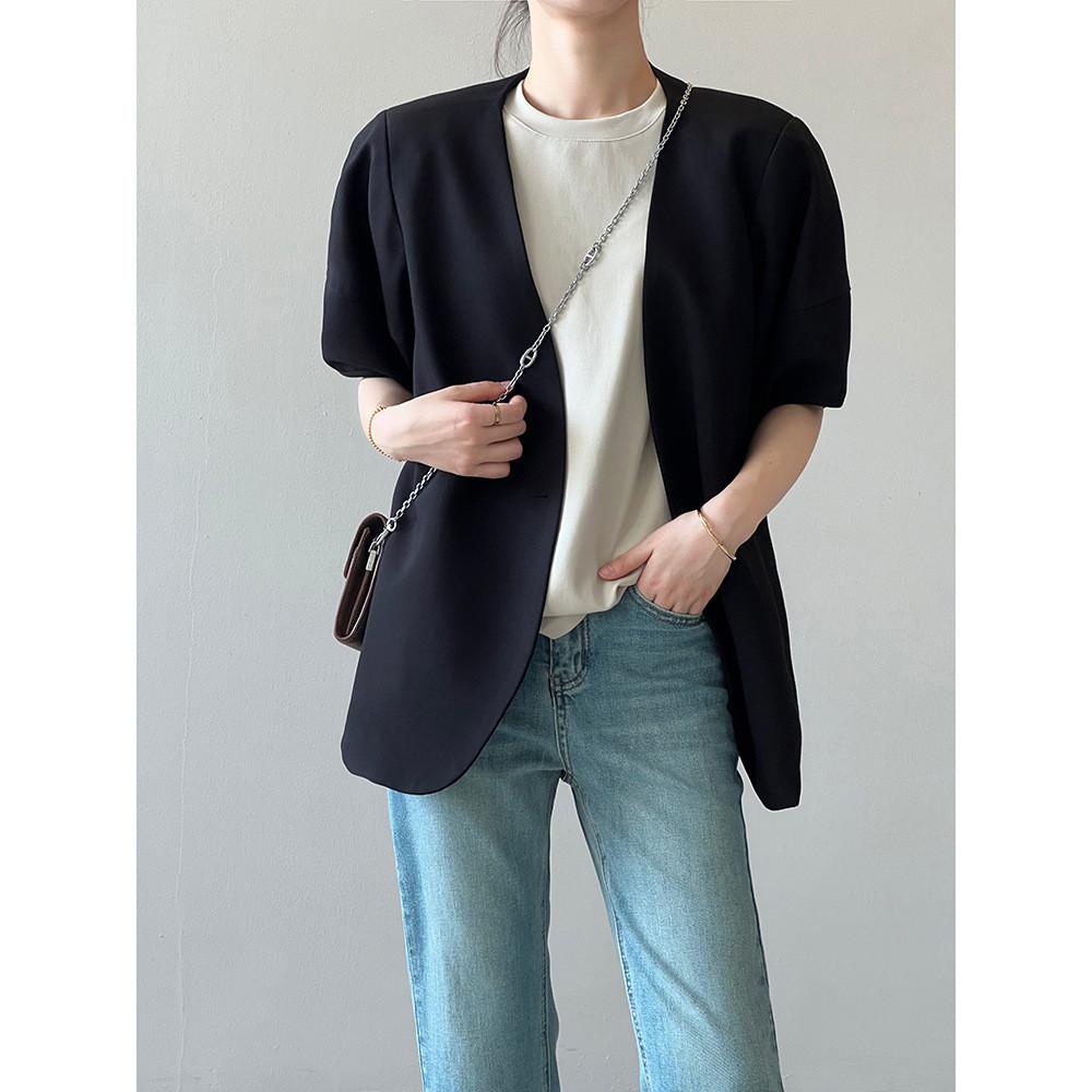 DANDT 韓版泡泡袖短袖西裝外套女2024春夏薄款休閑半袖西服80952(24 APR Ian) 歐美服飾