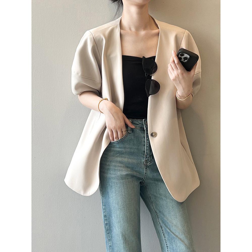 DANDT 韓版泡泡袖短袖西裝外套女2024春夏薄款休閑半袖西服80952(24 APR Ian) 歐美服飾