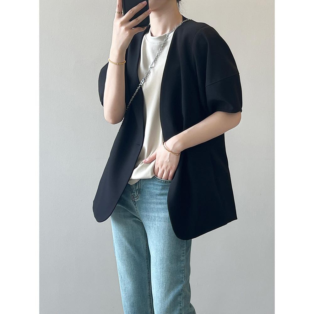 DANDT 韓版泡泡袖短袖西裝外套女2024春夏薄款休閑半袖西服80952(24 APR Ian) 歐美服飾