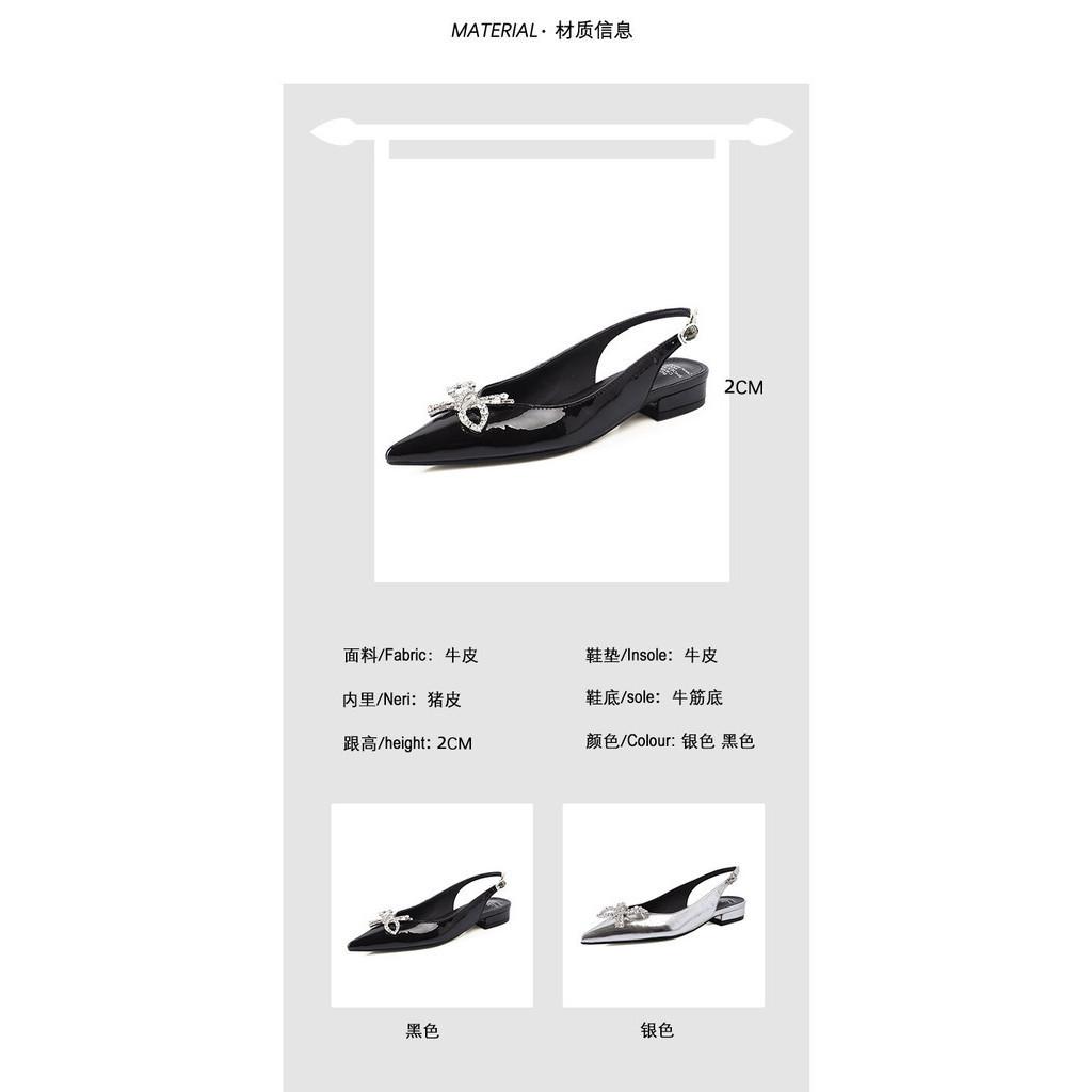 DANDT名媛風方跟尖頭水鑽蝴蝶結搭扣后空單鞋牛漆皮韓版平底包頭涼鞋潮(24 APR TAI) 歐美女鞋