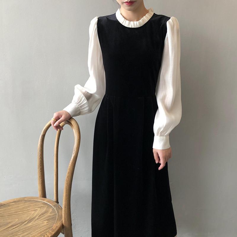 DANDT 圓領拼接撞色連衣裙女2024春季新款法式復古赫本風裙子80308(24 APR Ian) 歐美服飾