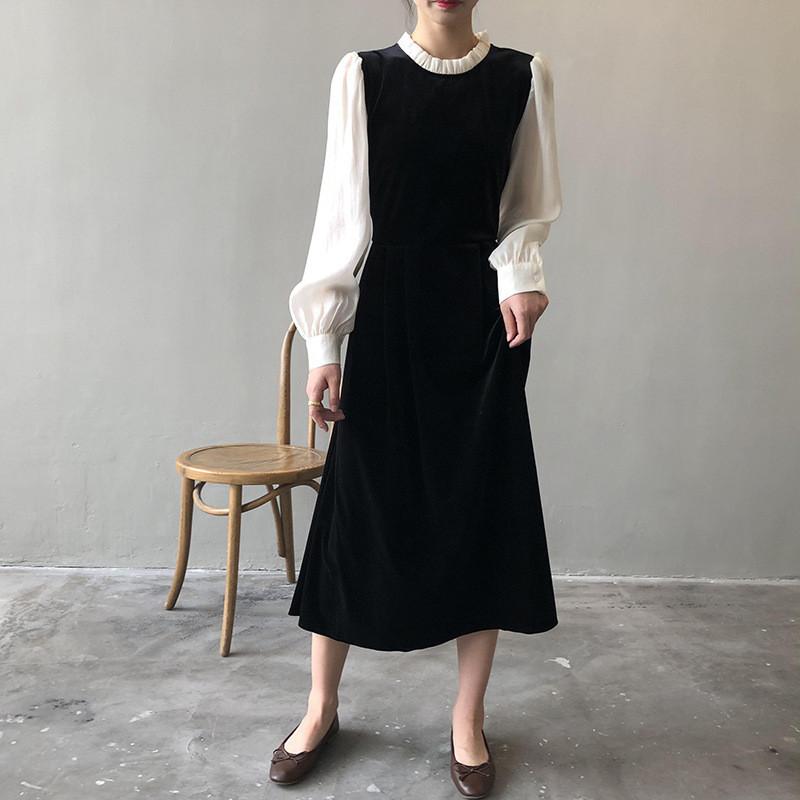 DANDT 圓領拼接撞色連衣裙女2024春季新款法式復古赫本風裙子80308(24 APR Ian) 歐美服飾