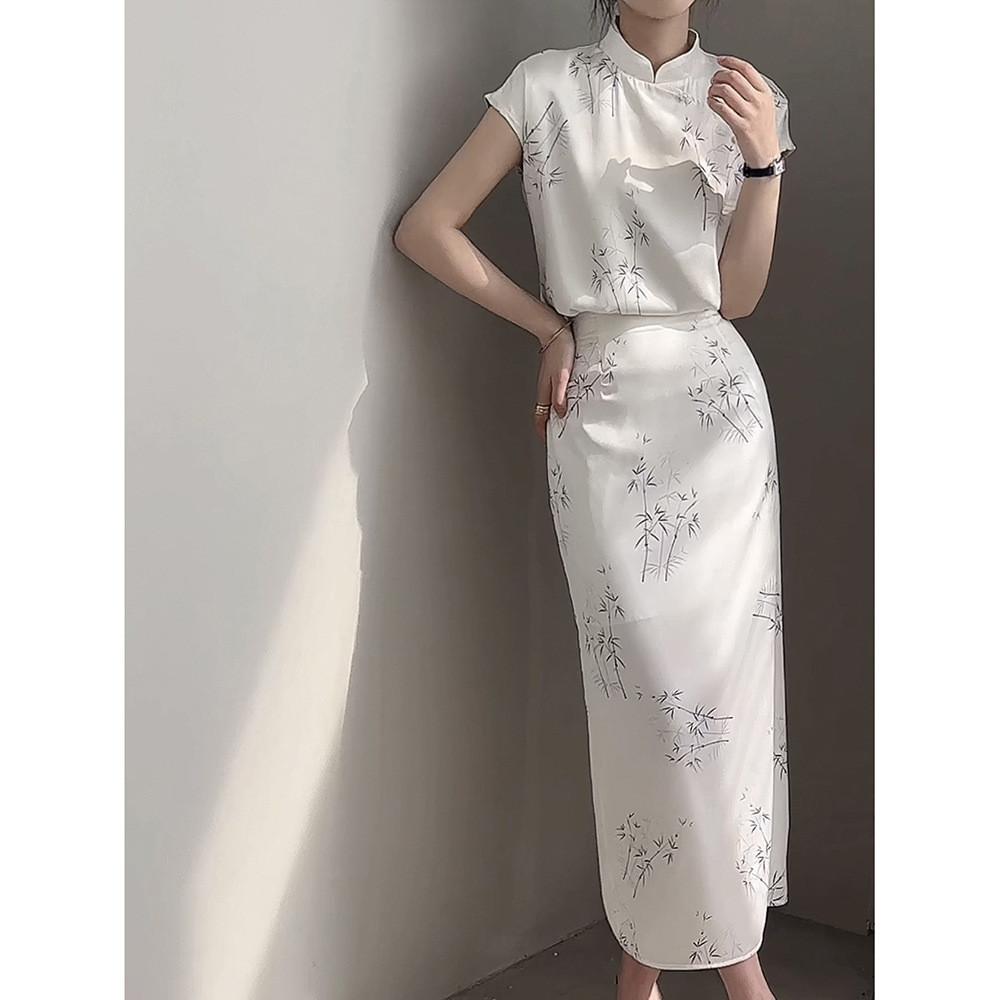 DANDT 新中式盤扣改良旗袍套裝女2024夏季新款立領襯衫半身裙80977(24 APR Ian) 歐美服飾