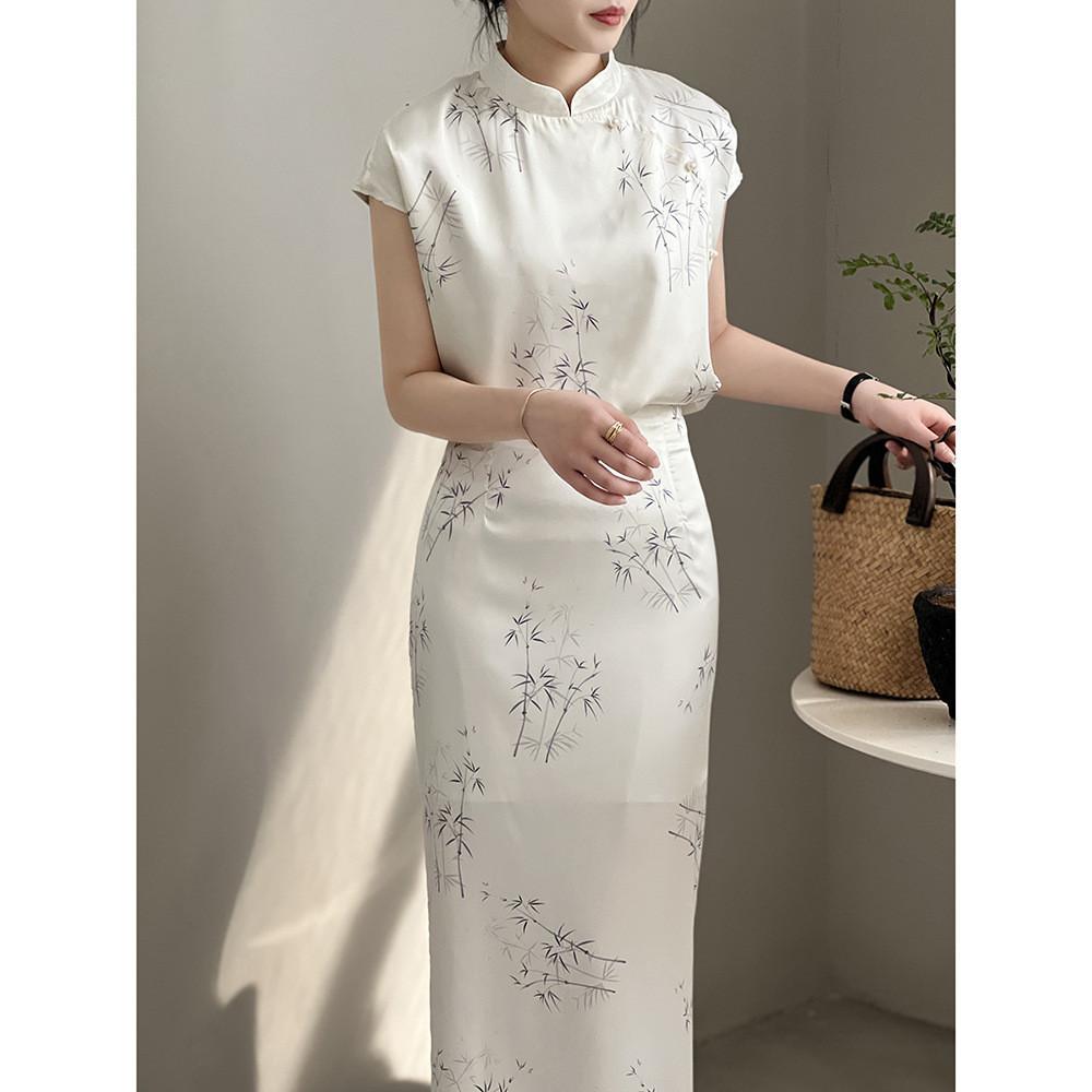 DANDT 新中式盤扣改良旗袍套裝女2024夏季新款立領襯衫半身裙80977(24 APR Ian) 歐美服飾