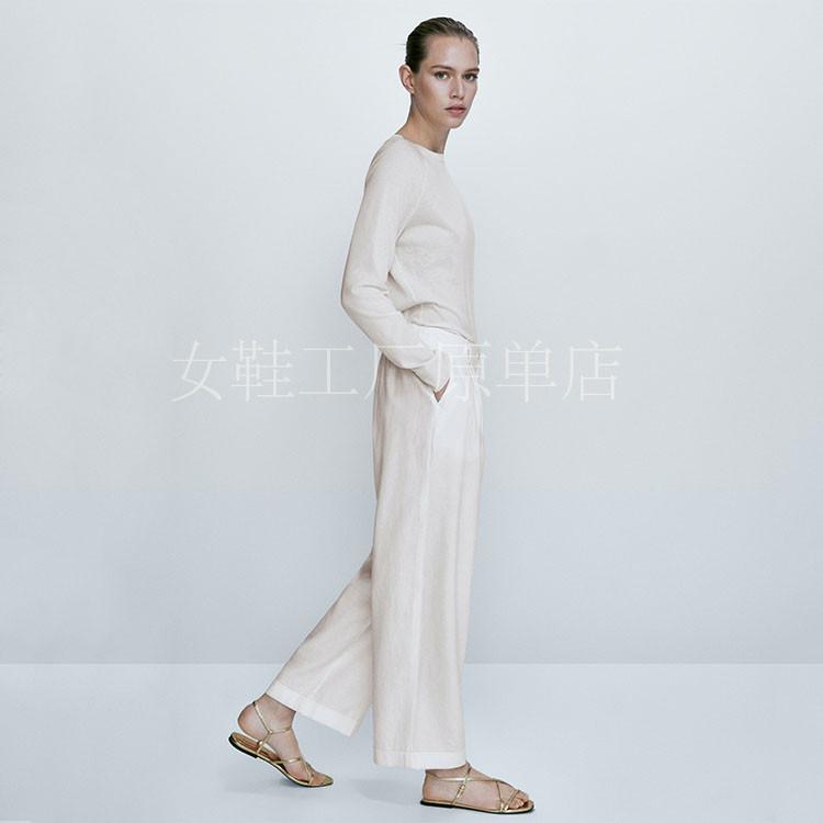 DANDT女鞋真皮涼鞋一字帶平底金色露趾外穿交叉帶沙灘鞋(24 APR TA) 外銷女鞋