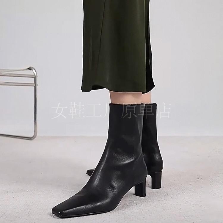 DANDT女鞋方跟短靴方頭真皮側拉鏈高跟靴黑色氣質簡約風(24 APR TA) 外銷女鞋