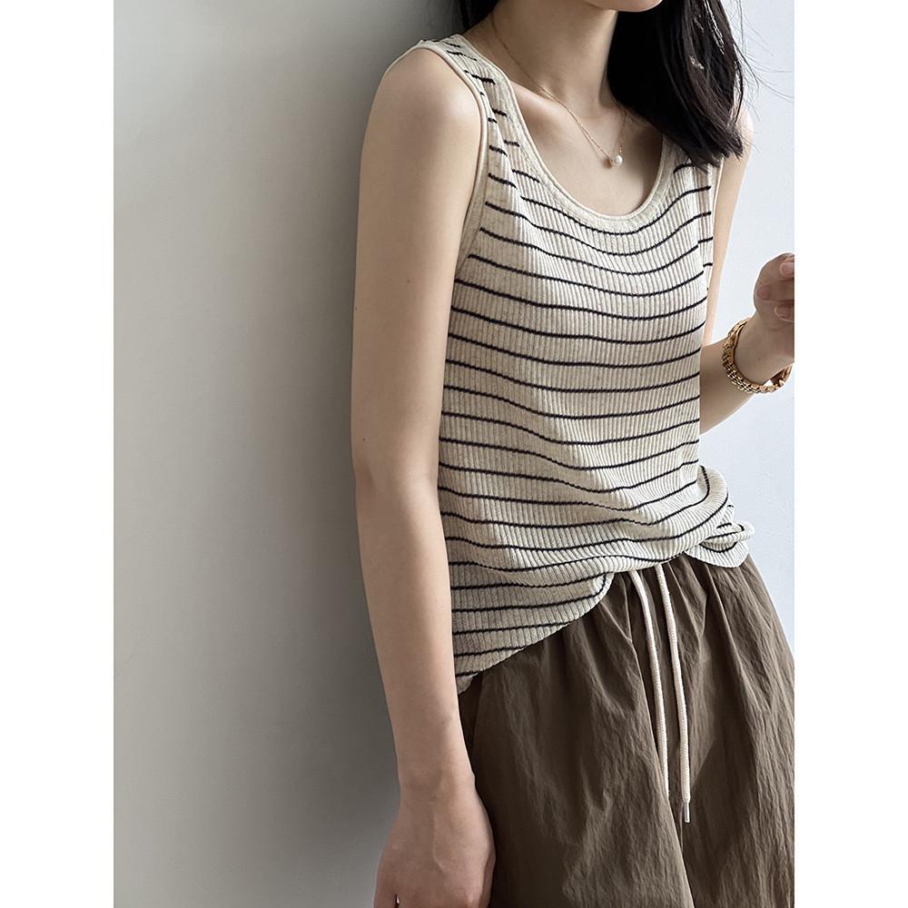 DANDT針織條紋U領背心女2024夏季新款外穿內搭打底無袖上衣31823(24 JUL Ian) 歐美服飾