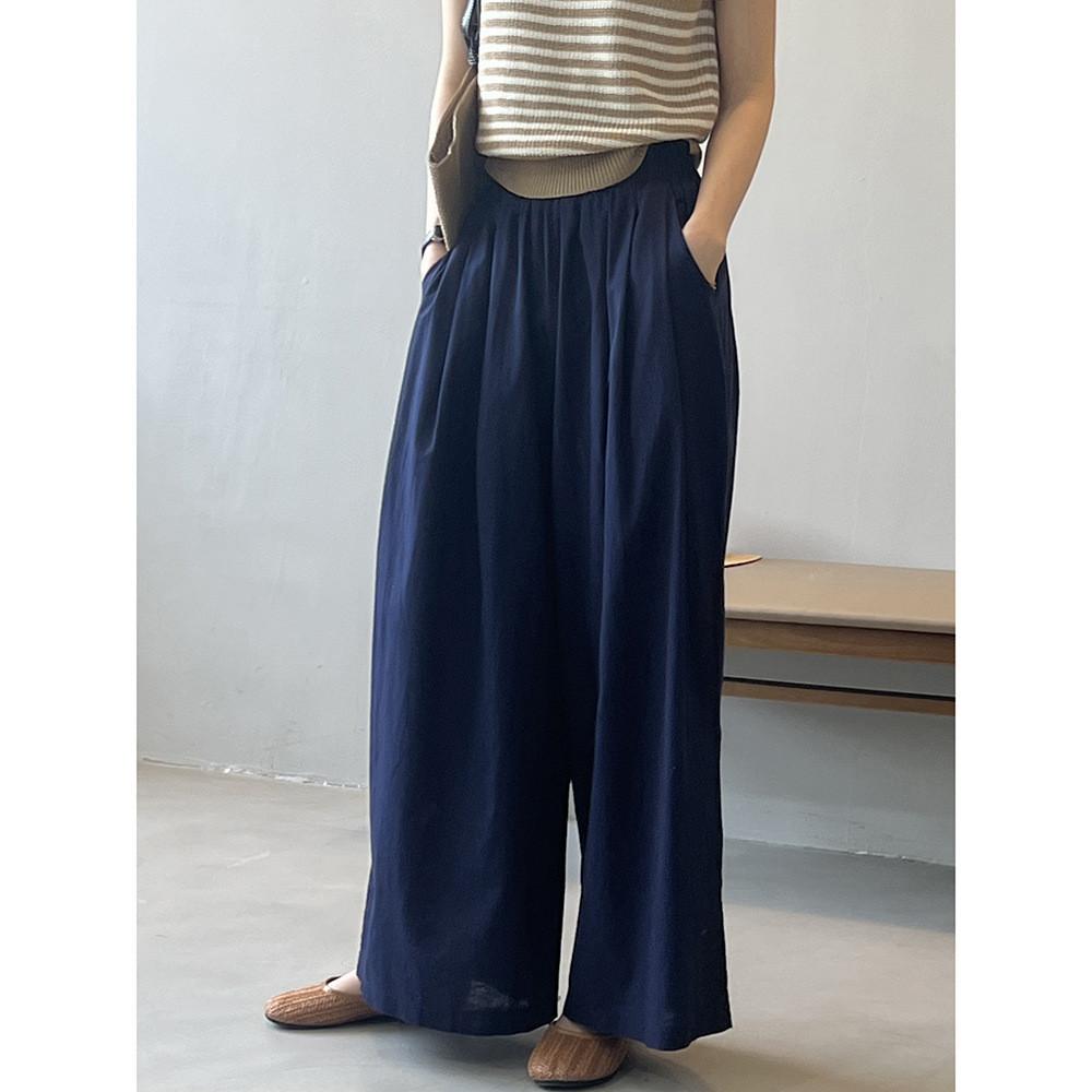 DANDT韓系亞麻直筒闊腿褲女2024夏季鬆緊腰大褲擺休閒長褲子9737(24 JUL Ian) 歐美服飾