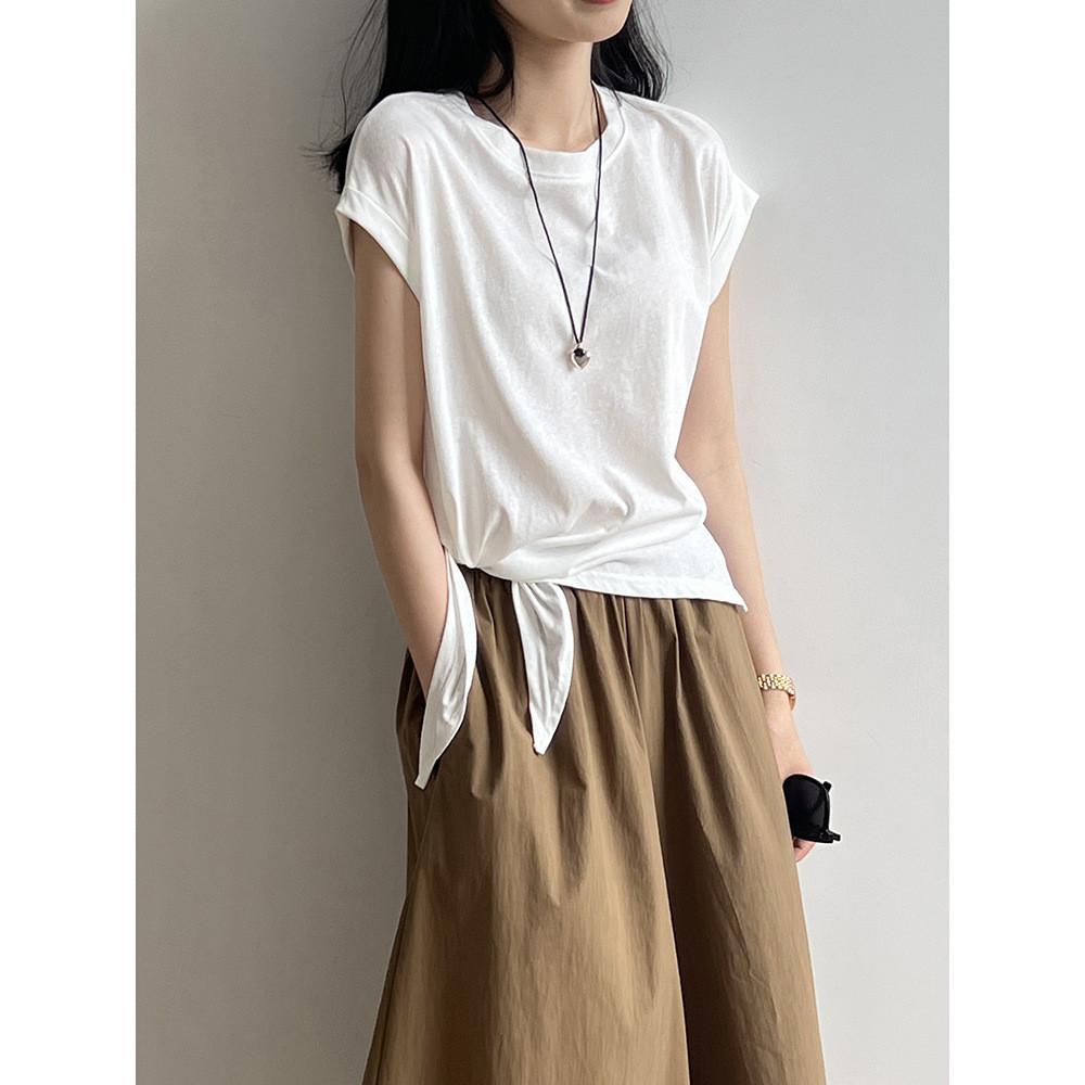 DANDT設計感休閒短袖T恤女2024夏季新款不規則下襬綁帶上衣T701(24 JUL Ian) 歐美服飾