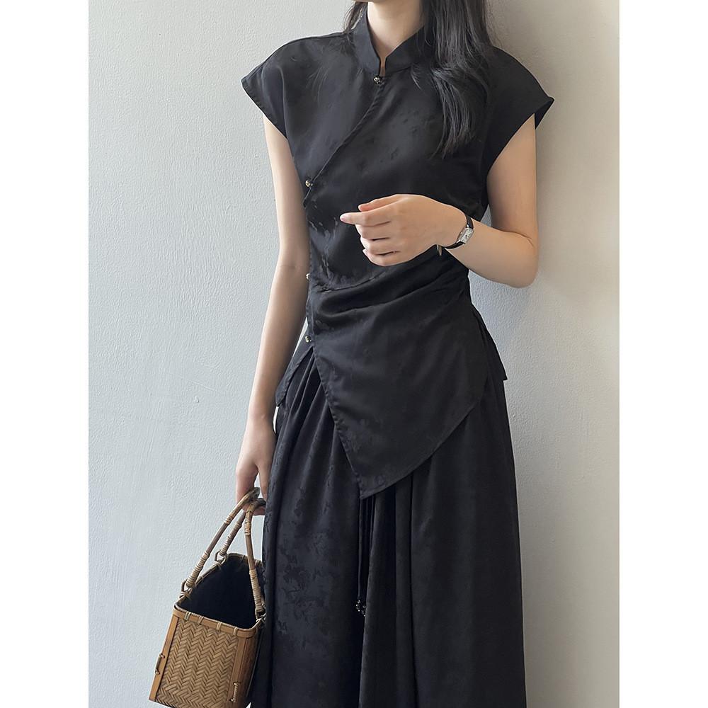DANDT新中式立領提花斜扣襯衫女2024夏季新款不規則下襬上衣G3006(24 JUL Ian) 歐美服飾