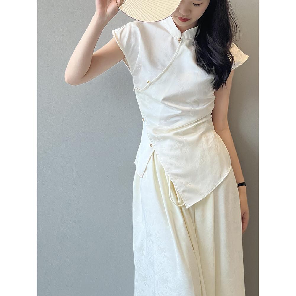DANDT新中式立領提花斜扣襯衫女2024夏季新款不規則下襬上衣G3006(24 JUL Ian) 歐美服飾