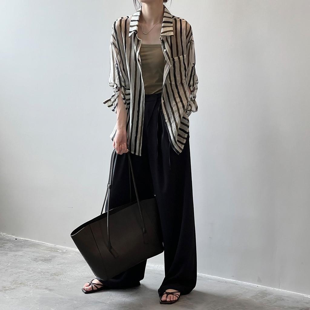 DANDT薄款復古條紋襯衫女2024夏季新款寬鬆時尚長袖開衫襯衣80583(24 JUL Ian) 歐美服飾
