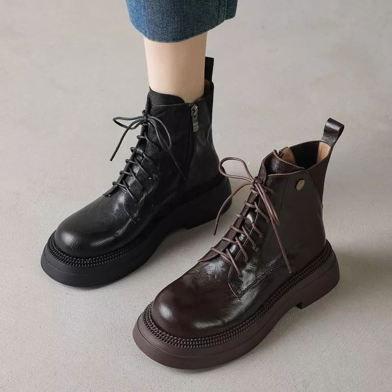 真皮短靴DANDT時尚羊皮側拉鍊鬆緊繫帶厚底短靴（24 DEC BHS）同風格請在賣場搜尋-歐美女鞋