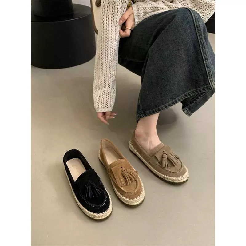 真皮樂福鞋DANDT時尚牛反絨流蘇草編樂福鞋（24 DEC TA）同風格請在賣場搜尋-歐美女鞋