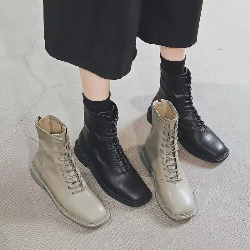 真皮短靴DANDT時尚軟面方頭繫帶韓版拉鍊短靴（24 DEC TA）同風格請在賣場搜尋-歐美女鞋