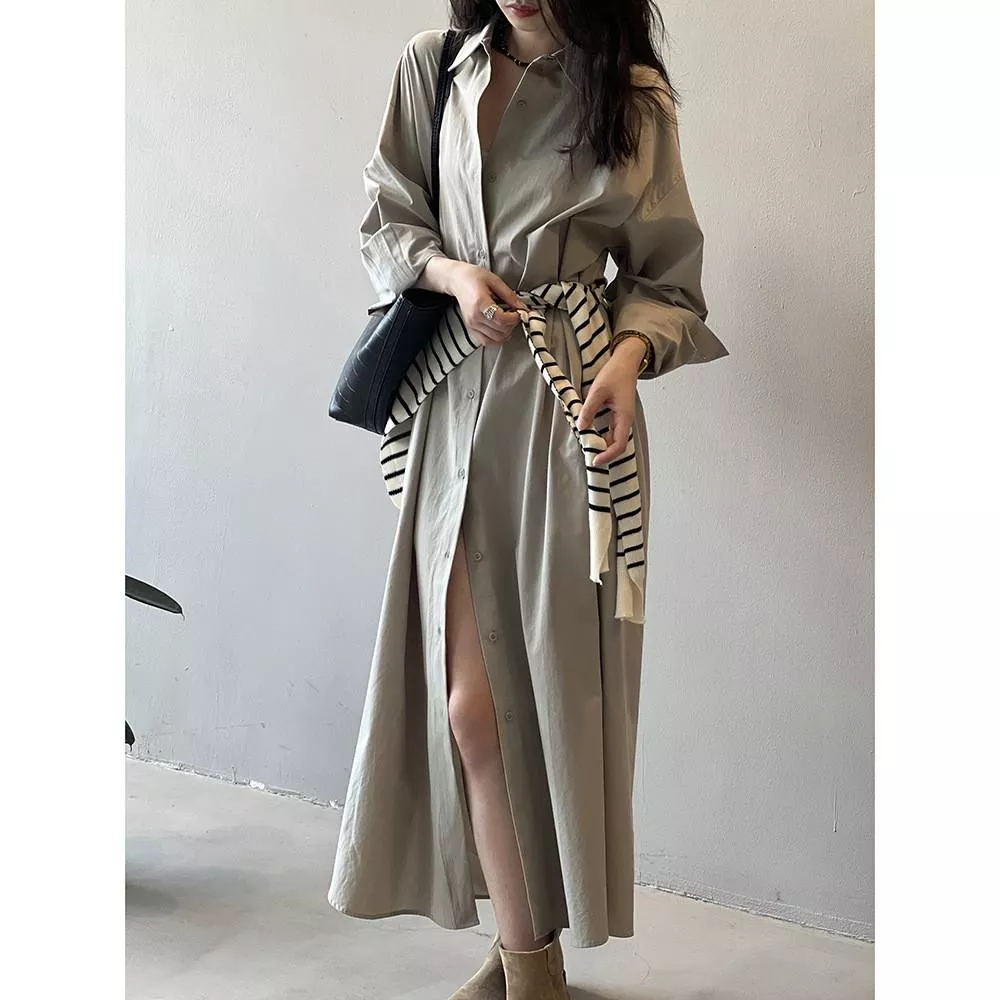 DANDT慵懶風下襬開衩長款襯衫裙女 春季森系疊穿百搭襯衣82128(25 FEB Ian) 歐美服飾