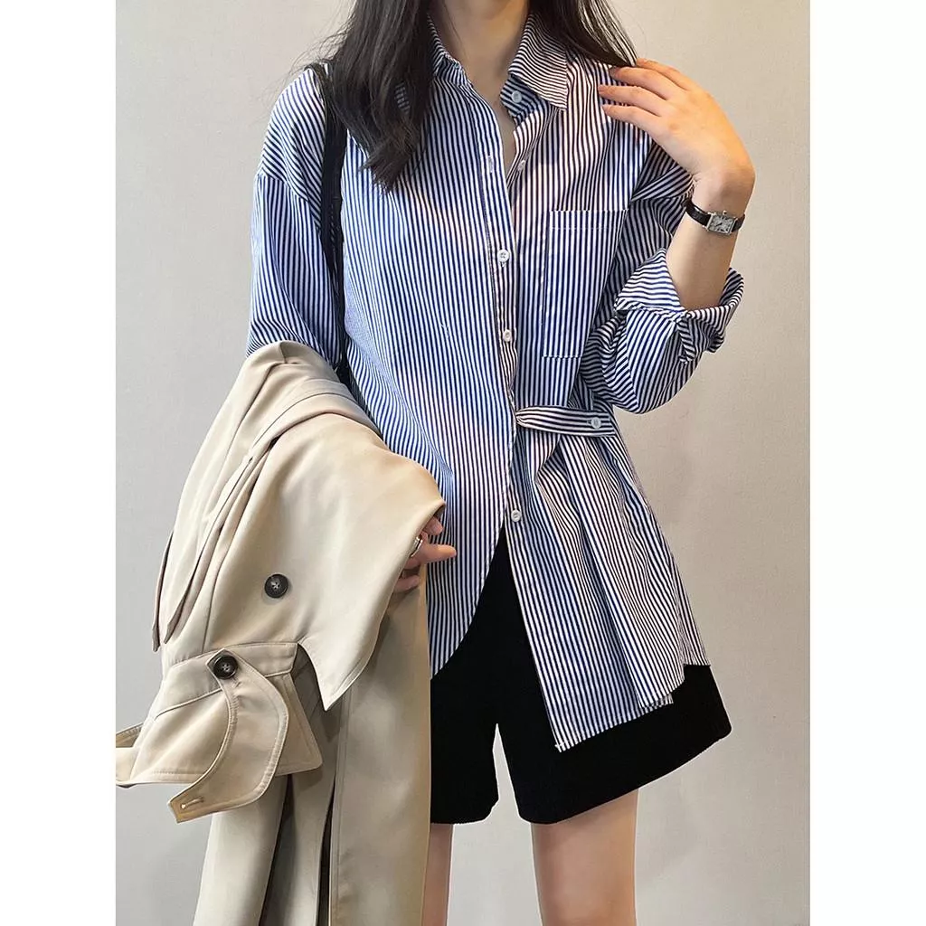 DANDT法式小衆條紋襯衫女春季新款長袖收腰設計感後開叉襯衣80685(25 FEB Ian) 歐美服飾