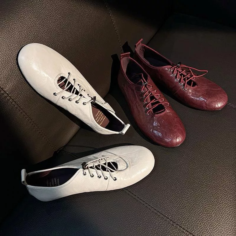 真皮平底鞋DANDT時尚羊皮復古繫帶鏤空娃娃鞋鞋（25 FEB LON）同風格請在賣場搜尋歐美女鞋