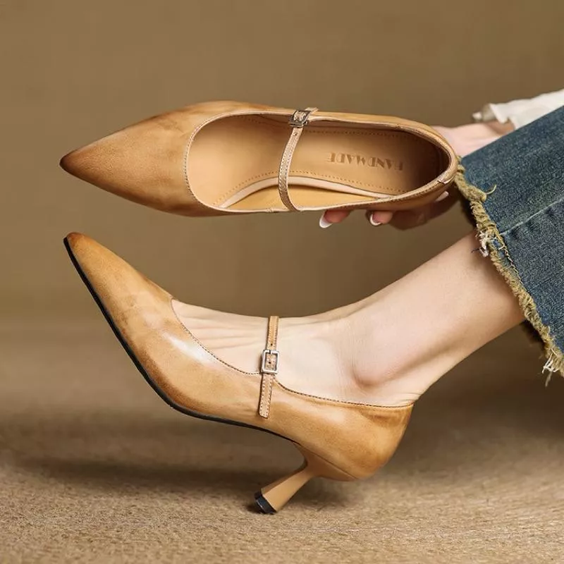 真皮高跟鞋DANDT時尚牛皮復古一字帶細跟高跟鞋（25 FEB LON）同風格請在賣場搜尋-歐美女鞋