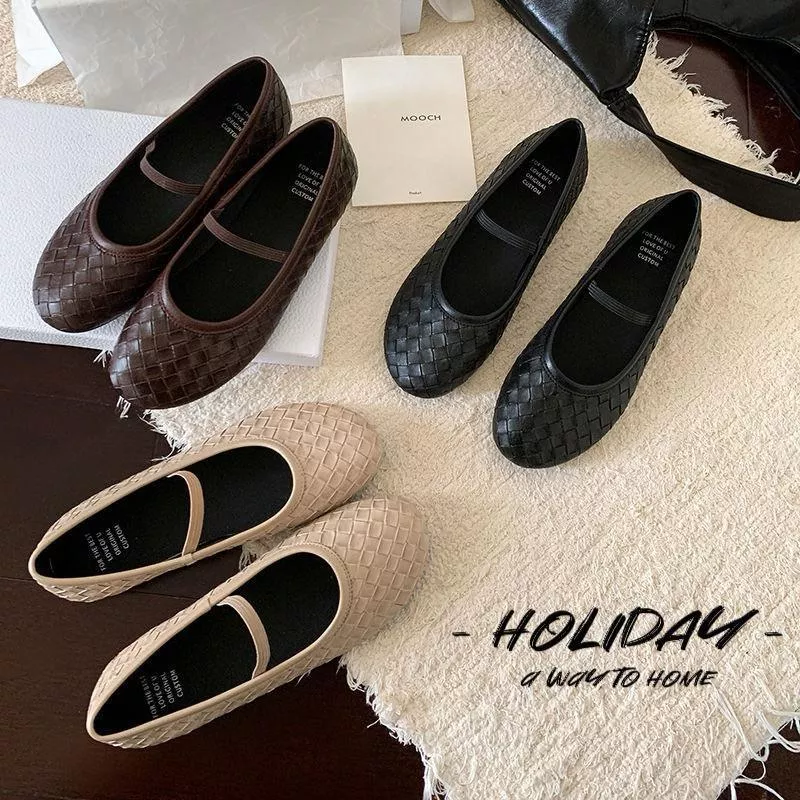 真皮平底鞋DANDT時尚牛皮編織一字帶圓頭平底娃娃鞋（25 FEB LON）同風格請在賣場搜尋-歐美女鞋