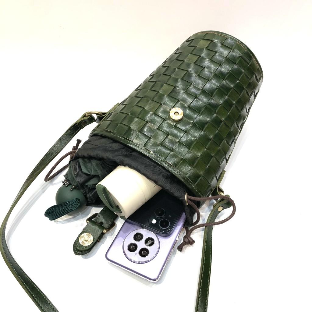 DANDT真皮女包手工頭層植鞣牛皮單肩包斜挎包編織水桶包編織包(25 FEB CAR)文藝真皮包
