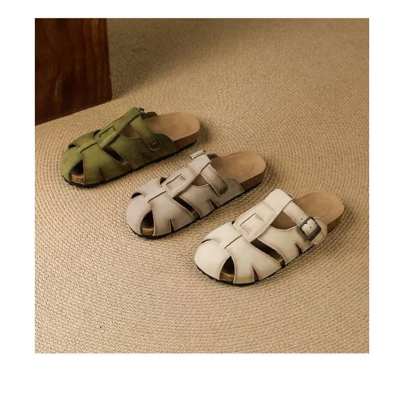 真皮涼鞋DANDT時尚牛皮鏤空包頭釦帶半拖涼鞋（25 APR LON）同風格請在賣場搜尋-歐美女鞋