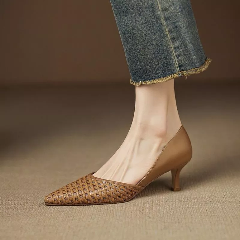 真皮跟鞋DANDT時尚牛皮復古編織尖頭中跟鞋（25 APR LON）同風格請在賣場搜尋-歐美女鞋