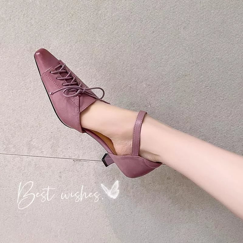 真皮跟鞋DANDT時尚水洗牛皮繫帶方頭中空小貓跟涼鞋（25 APR LON）同風格請在賣場搜尋-歐美女鞋