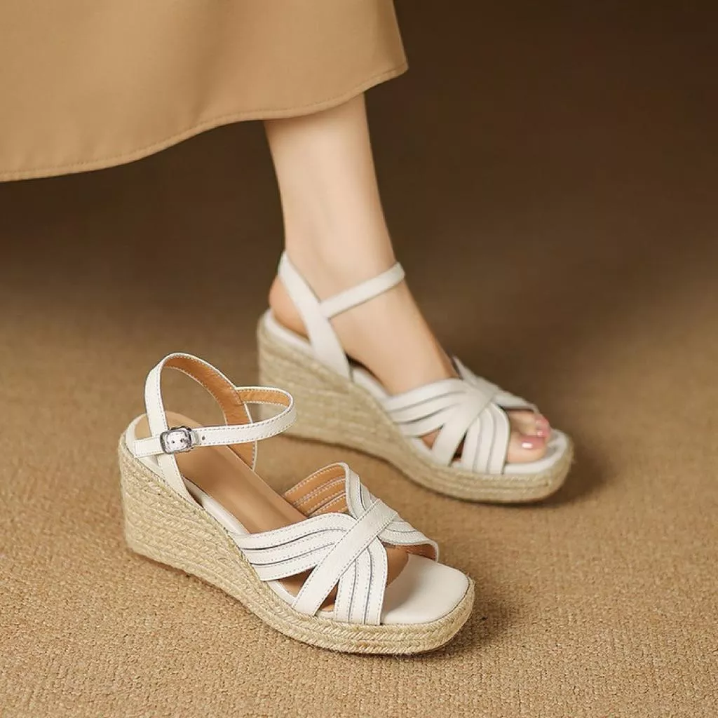 坡跟涼鞋DANDT時尚牛皮條帶露趾防水台草編楔型涼鞋（25 JUN LON)同風格請在賣場搜尋-歐美女鞋
